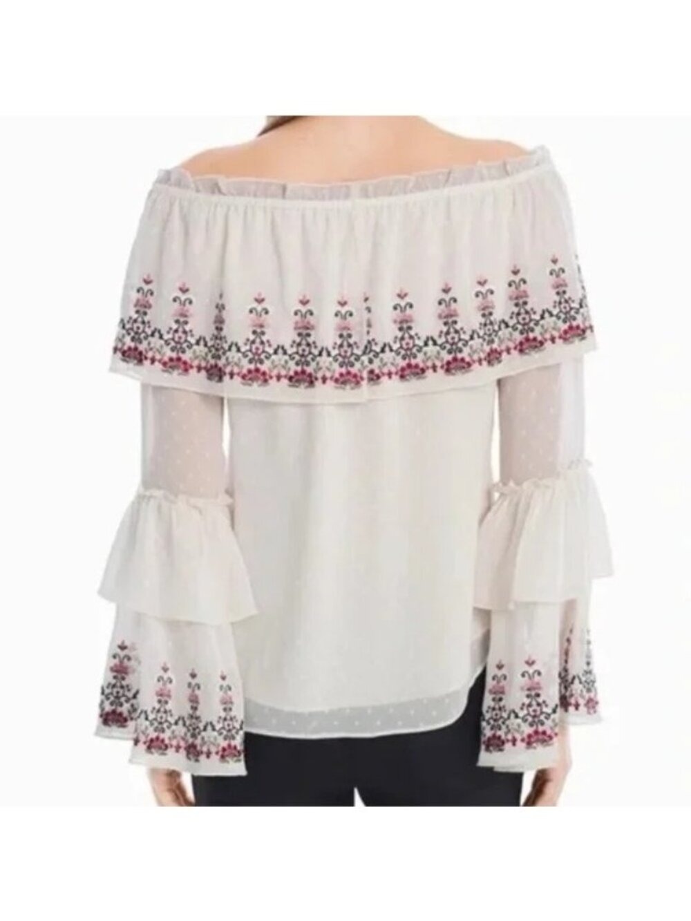 White House Black Market Off the Shoulder Embroidered Swiss Dot Blouse Medium
